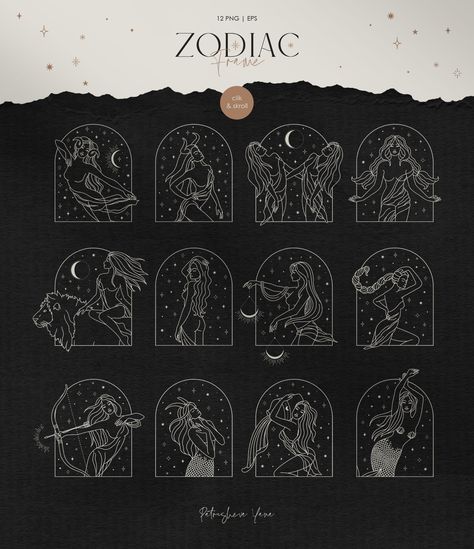 Zodiac Collection by PatrushevaYana on @creativemarket Star Sign Drawings, Zodiac Pattern Design, Zodiac Designs Art, Zodiac Signs Drawings, Zodiac Signs Stars, Elements Zodiac, Drawing Universe, Zodiac Icons, Zodiac Clipart