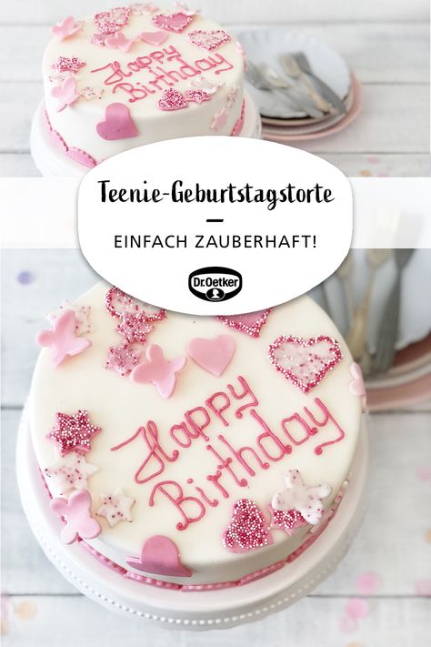 Teenie-Geburtstagstorte: Ein lockerer Biskuit mit Schokoladenraspeln, Orangensaft und Fruchtaufstrich, ausdekoriert mit Fondant #kaffeetafel #teatime #geburtstagsparty Teen Birthday Cake, Cake Decorated With Fruit, Birthday Cakes For Teens, Birthday Cakes For Women, Birthday Cakes For Men, Cakes For Women, Simple Birthday Cake, Birthday Cake Recipe, Delicious Cake Recipes