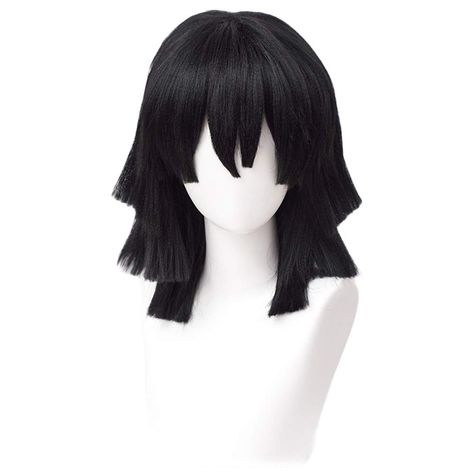 Obanai Cosplay, Bangs Anime, Characters Cosplay, Curl Wig, Black Cosplay Wig, Black Cosplay, Men's Wigs, Wavy Curls, Anime Wigs