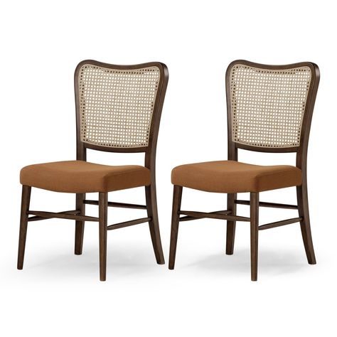 With classic elements, traditional details, and contemporary vibes, our modern Vera Wooden Dining Chair (set of 2) aims to maximize your indoor design aesthetic with its warm-toned wicker caning, neutral wood finish, and premium fabric upholstery. Versatility is a virtue and Vera can turn heads in your formal dining room or as your new chairs for kitchen around a more casual accent table. The woven cane-back detailing is to die for, and the gentle yet comfortable sloping of the wooden frame is a trait we adore. The natural-toned, narrow silhouette brings warmth and luxury to your dining space with every single meticulously, hand-crafted detail. A refined wood finish, premium fabric upholstered seat, and classic caning details offer the designer combinations you crave. At Maven Lane, our we Casual Kitchen Table, Clay Canvas, Wooden Dining Chair, Cane Back Chairs, Wooden Dining Chairs, Indoor Design, Wood Dining Chairs, Furniture Dining Chairs, Solid Wood Furniture