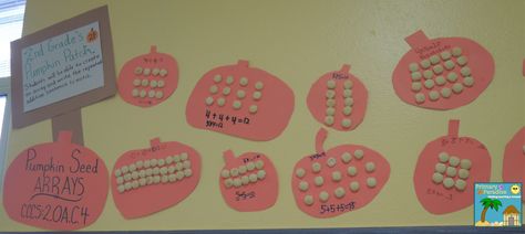 From Primary Paradise:  Pumpkin seed arrays!  Fun idea.  This teacher used oyster crackers instead of pumpkin seeds! Fall Math Bulletin Boards, Multiplication Arrays, Math Bulletin Boards, Envision Math, Repeated Addition, Back To School Organization, Fall Math, Oyster Crackers, Math Anchor Charts