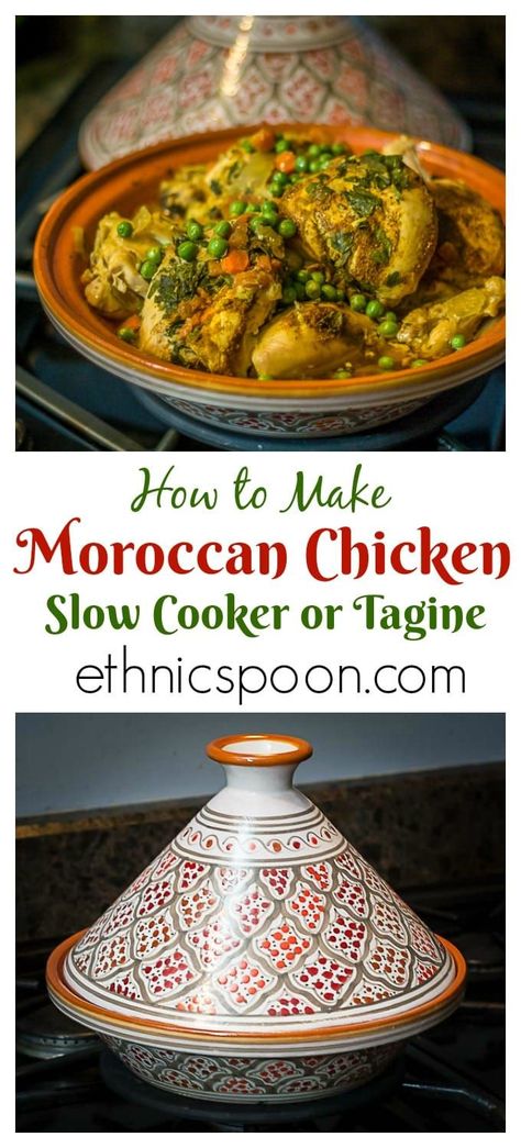 What is a tagine and how do you cook with one? Find out how to prepare a tagine dish with the recipe for Moroccan Chicken Tagine. You will love the wonderful Moroccan spices. | Ethnicspoon.com #chickentagine #africanfood #moroccanfood Moroccan Chicken Tagine, Moroccan Tagine Recipes, Arabisk Mad, Tagine Cooking, Chicken Slow Cooker, Chicken Tagine, Moroccan Cooking, Moroccan Dishes, Tagine Recipes