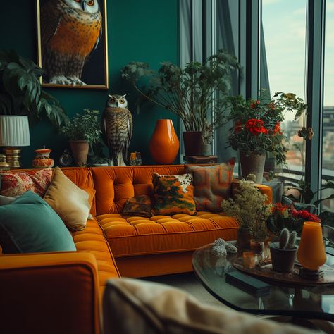 Ginger Couch Living Room Ideas, Rust Velvet Couch, Mustard Yellow Couch Living Room Ideas, Orange Sofa Decor Ideas, Orange Green Interior, Rust Couch, Morning Room Ideas, Sitting Corner, Dark Maximalism