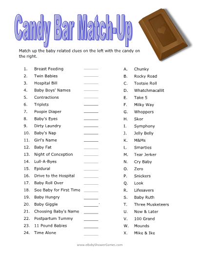 Printable Candy Bar Match-Up Game Couples Games, Baby Shower Games Coed, Modern Baby Shower Games, Free Printable Baby Shower Games, Quiz Games, Shower Prizes, Funny Baby Shower Games, Baby Shower Candy Bar, Boy Baby Shower Games