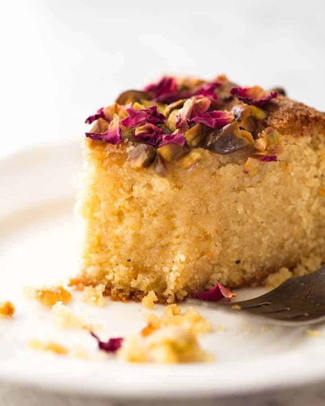 Close up of a slice of Persian Love Cake Love Cake Recipe, Persian Love Cake, Pistachio Rose, Persian Desserts, Cake Recipe Easy, Recipetin Eats, Sponge Cake Recipes, Order Food Online, Persian Food