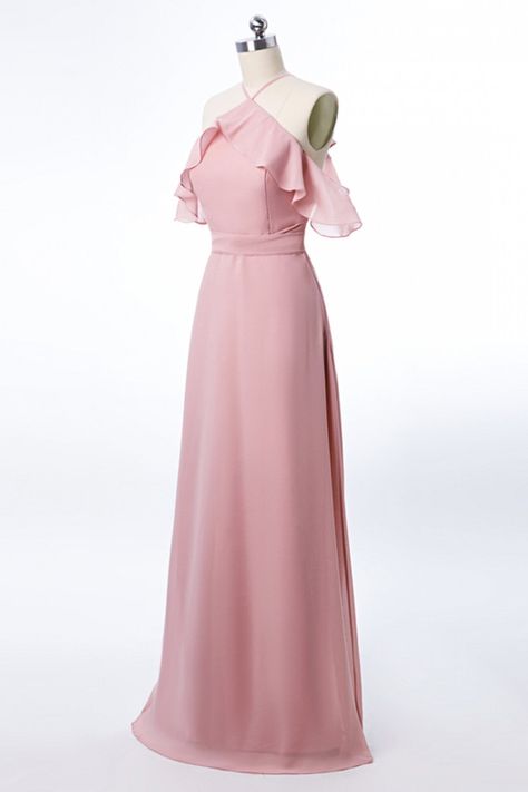 Princess A-line blush pink chiffon long bridesmaid dress features with halter neckline and ruffles shoulders and tie back sash. SKU: 1072 Free Shipping Ship in 7-10 days Material: chiffon. Fully lined for added comfort. Refer to color swatch to pick up the color number you want. US 2 - US 16. Refer to our size chart to choose correct size. We offer free returns in 7 days. Please refer to our return policy page for more details. Sakura Kinomoto, Halter Bridesmaid Dress, Custom Bridesmaid Dress, Blush Bridesmaid Dresses, Pink Bridesmaid Dresses, Pink Chiffon, Cute Prom Dresses, Long Bridesmaid Dress, Grad Dresses