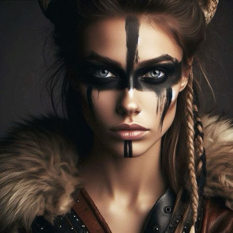 Mad Max Cosplay Woman, Female Viking Makeup, Warrior Makeup Female, Viking Face Paint Women, Viking Makeup Female Warrior, Huntress Makeup, Mad Max Makeup, Warrior Face Paint, Viking Face Paint