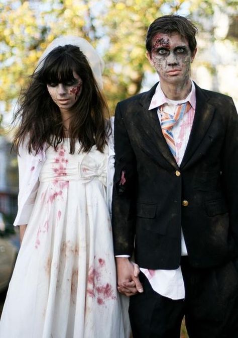 Bride And Groom Halloween Costumes Ideas, Zombie Bride And Groom Costume, Hallowing Makeup, Zombie Costume Ideas, Florida Halloween, Zombie Couple Costume, Buffet Halloween, Zombie Halloween Makeup, Halloween Costumes Diy Couples