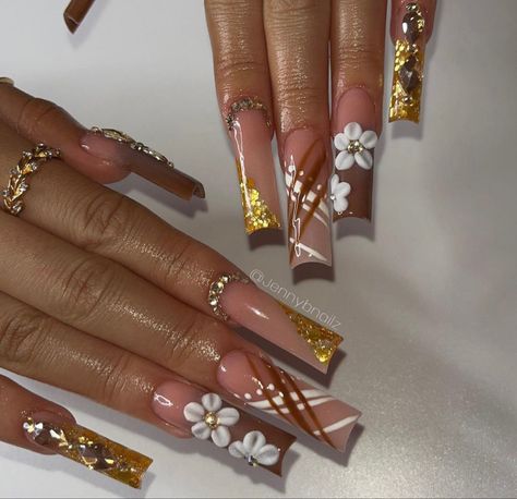 Thanksgiving Nails With Rhinestones, Fall Nails With Gems, Brown Nails Acrylic With Diamonds, Rhinestone Tip Nails, Acrylic Flower Nail Designs, Bling Acrylic Nails Rhinestones Gold, Organge Nails, Autumn Nails With Rhinestones, Fall Encapsulated Nails