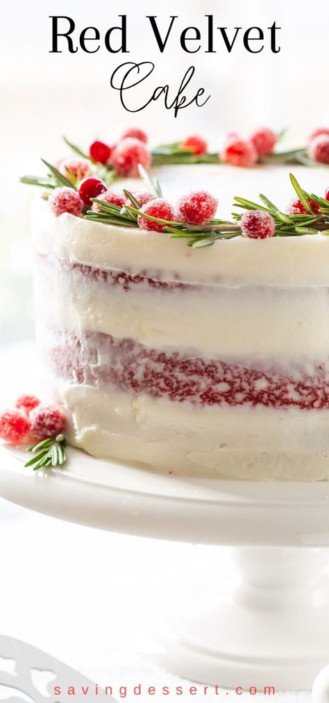 Classic Red Velvet Cake with a delicious tang from the buttermilk, hints of cocoa and a moist, light crumb. And let's not forget the best cream cheese icing on this earth! #redvelvetcake #Christmascake #redvelvetChristmascake #christmasbaking #holidaybaking #holidaycake #cake #bestredvelvetcake #savingroomfordessert #Christmasrecipe #holidayrecipe #redvelvetcakerecipe #redvelvet Elegant Christmas Desserts, Elegant Christmas Dessert, Best Christmas Cake Recipe, Bolo Red Velvet, Red Velvet Cake Recipe, Velvet Cake Recipes, Dessert Spread, Christmas Cake Recipes