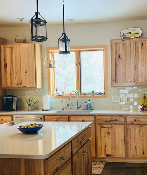 Pine Cabinets Kitchen Wall Colors, Pine Kitchen Cabinets Natural, Kitchen With Cypress Cabinets, Knotty Wood Cabinets, Pine Shaker Kitchen Cabinets, Knotty Cabinets Kitchen, Rustic Island Decor, Pine And White Kitchen, Tan Cupboards Kitchen