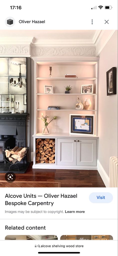 Alcove Cupboards With Log Store, Log Storage Living Room, Alcove Shelves With Logs, Alcove Shelving With Wood Storage, Build Alcove Cupboard, Traditional Alcove Cupboards, Alcove Ideas Living Room, Alcove Storage, Alcove Cupboards