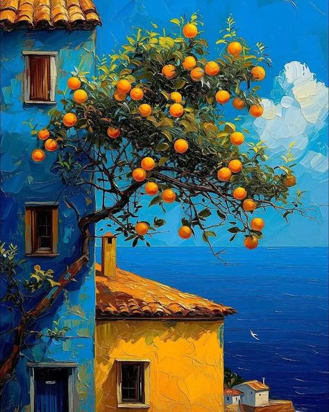 Mediterranean Paintings, Mediterranean Art, Orange Painting, Landscape Art Painting, Art Painting Gallery, Sea Painting, Orange Tree, By The Ocean, Amazing Art Painting