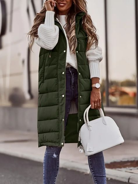 Green Vest Outfits For Women, Long Vest Outfit, Vest Outfits For Women, Long Outerwear, Vest Outfit, Winter Vest, Green Vest, Long Vest, Long Vests