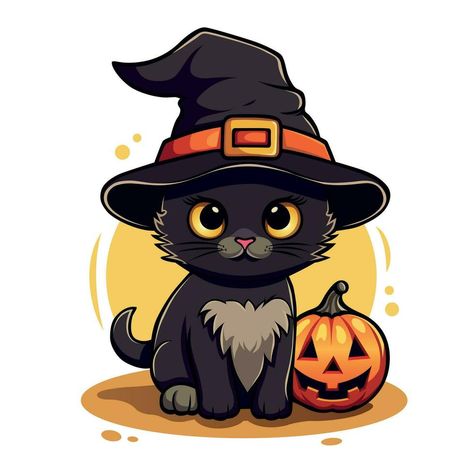 Cute black kitten in witch hat sits with pumpkin Jack lantern. Halloween cartoon vector illustration. 2D sticker for decorations National Black Cat Day, Black Cat Day, Cute Black Kitten, Halloween Themes Decorations, Peeking Cat, Chat Halloween, Cat Svg, Cat Clipart, Black Cat Art