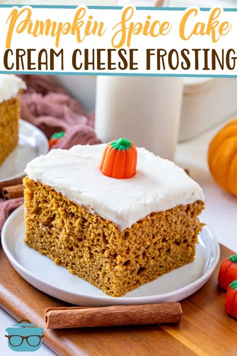 This Pumpkin Spice Cake starts with a boxed cake mix with pumpkin puree and topped with a delicious homemade buttery cream cheese frosting! Box Pumpkin Cake, Box Cake Mix Recipes Spice Pumpkin Puree, Cake Mix With Pumpkin Puree, Cake Mix With Pumpkin, Cake Mix And Pumpkin Puree, Pumpkin Spice Cake Recipe, Pumpkin Cake Mix, Spice Cake Mix And Pumpkin, Candy Pumpkin