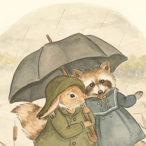 Sharing An Umbrella, Watercolor Raccoon, Mouse Illustration, Scandinavian Color, Autumn Illustration, Drawing Inspo, Childrens Illustrations, Childrens Art, Children's Book Illustration