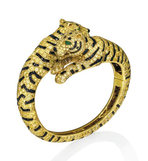 COLOURED DIAMOND, ONYX AND EMERALD 'TIGRE' BANGLE, CARTIER | Jewelry, bangle | Christie's Cartier Tiger, Jewelry Editorial, Jewelry Illustration, Yellow Diamonds, Ingredients List, Jewellery Sketches, Easy Diy Jewelry, Cartier Jewelry, Jewelry Model