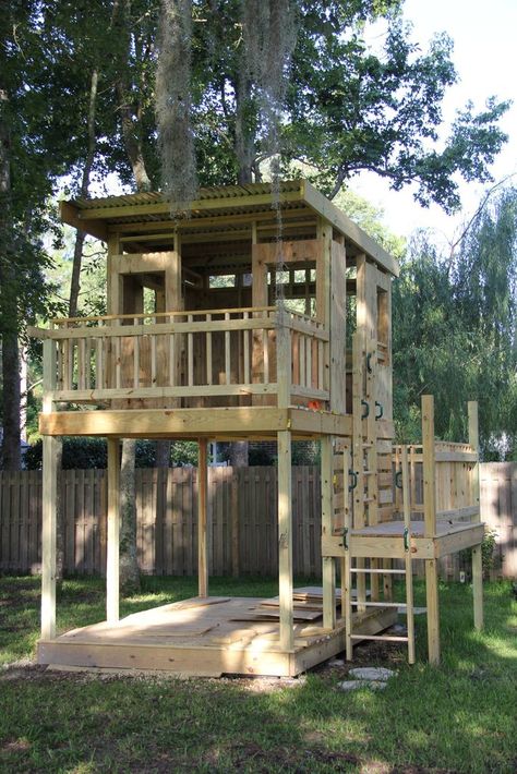 Various Ideas Raised Tree House, Tree House Roof Ideas, Playhouse Railing Ideas, Raised Cubby House, 2 Story Tree House, Treehouse With Deck, Treehouse Railing Ideas, Play House With Slide, Raised Playhouse