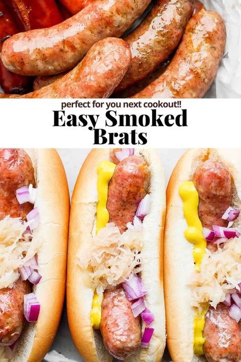 Brats On Smoker, Smoked Brats Electric Smoker, Brats On Traeger Grill, Brats On Pellet Grill, Smoked Beer Brats, Smoked Brats Recipes, Smoked Brats Pellet Grill, Brat Recipes, Smoked Bratwurst