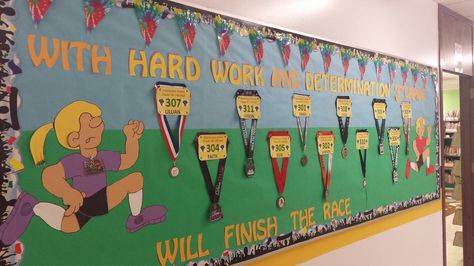 With Hard Work and Determination 3rd Grade will finish the Race. Track Bulletin Board, Class Charter, Finish The Race, Display Boards For School, Kindergarten Bulletin Boards, Sports Theme Classroom, Olympics Activities, Bullentin Boards, School Board Decoration