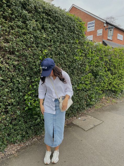 Fashion, OOTD, GRWM, spring outfit Midi Jean Dress Outfit, Denim Midi Skirt Outfit 2023, Denim Skirt Modest Outfit, Cargo Jean Skirt Outfits, Modest Midi Skirt Outfits, Jean Skirt With Sneakers, Mid Denim Skirt Outfit, Midi Skirt Sneakers Outfit, How To Style A Long Denim Skirt