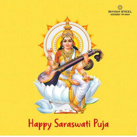 May Goddess Saraswati bless you with wisdom and good fortune on this auspicious day. Happy Saraswati Puja! #SaraswatiPuja #ShyamSteel #flexiSTRONG #TMTBar Happy Saraswati Puja Images, Happy Saraswati Puja, Saraswathi Pooja, Om Symbol Art, Indoor Garden Rooms, Morning Massage, Saraswati Puja, Paint Splash Background, Good Morning Massage