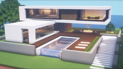 Minecraft Big House Ideas Modern, Large Minecraft Houses Modern, Minecraft Backyard Ideas Modern, Modern Minecraft Houses Tutorials Easy, Minecraft Modern Backyard, Minecraft Creative Houses, Minecraft Modern Village Ideas, Mc Modern House, Minecraft Modern Pool