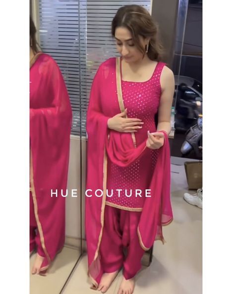 Fushia Pink Georgette Designer Salwar Kameez Suit Punjabi Patiala Suit shalwar Kurta Dupatta Custom Stitched for plus size Women Suit Punjabi Patiala, Punjabi Patiala Suit, Kurti Suit, Sleeveless Blouse Designs, Suit Punjabi, Designer Salwar Kameez, Churidar Designs, Patiala Suit, Punjabi Dress