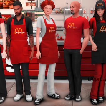 Sims 4 Diner Uniform, Sims 4 Cc Mcdonalds, Sims Uniform, Mcdonalds Uniform, Sims Food, Cafe Uniform, Company Uniform, Sims 4 Body Mods, Kids Uniforms