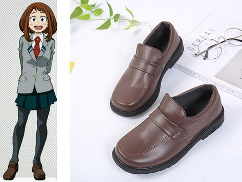 Brown School Shoes, Uraraka Cosplay, My Hero Academia Shirt, Ochaco Uraraka, My Hero Academia Cosplay, Uniform School, Flat Heels, Shoes Drawing, Anime Cosplay Costumes