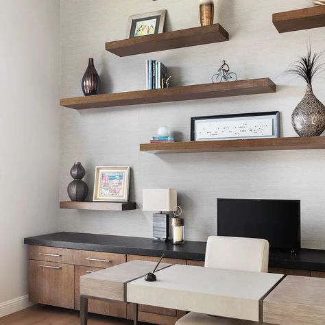 39 South Peak - Transitional - Home Office - Orange County - by Pinpoint Properties | Houzz Floating Shelves Behind Desk, Shelves Behind Desk, Office Wall Shelves, Transitional Home Office, Home Office Modern, Trendy Interior Design, Study Room Design, Brown Floors, Simple Room