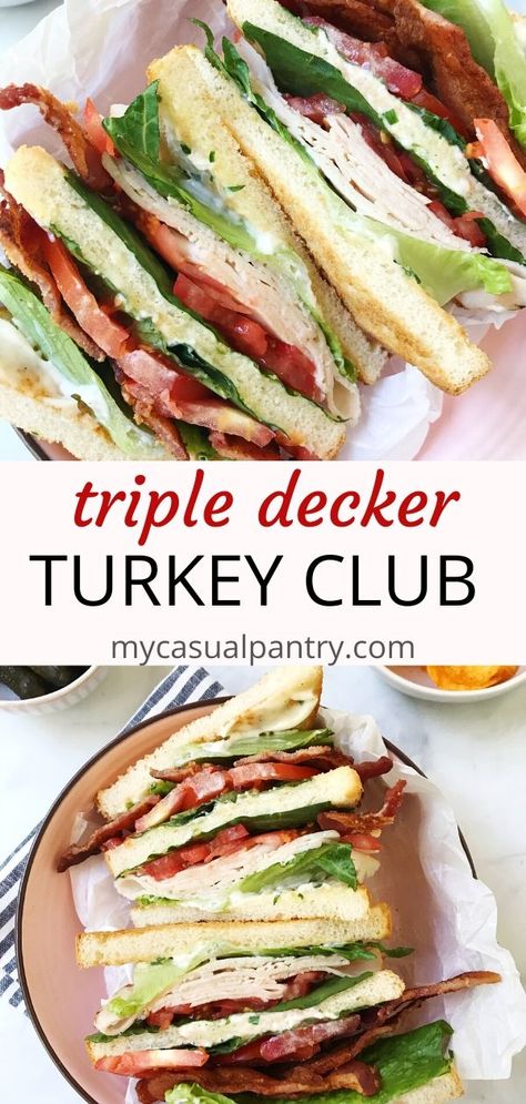 This classic and easy sandwich is loaded with turkey, bacon, lettuce, tomato and chive mayonnaise. Simple and fresh ingredients. | mycasualpantry.com #turkeyclub #bacon #classic #easyrecipes #sandwich Turkey Blt Sandwich, Best Panini Recipes, Turkey Blt, Lunch Sandwich Recipes, Turkey Club Sandwich, Grill Cheese, Club Sandwich Recipes, Bacon Lettuce Tomato, Easy Sandwich