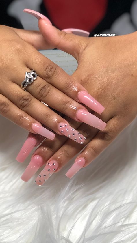 Pink Acrylic Nails Coffin Rhinestones, Pink With Rhinestones Nails, Pink Acrylic Nails Jewels, Pink Nails With Diamonds Rhinestones, Clear Pink Nails With Rhinestones, Pink Bedazzled Nails, Pink And Rhinestone Nails, Dark Pink Acrylic Nails, Pink Nails Rhinestones