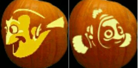 Dory and Nemo Nemo Pumpkin Carving, Nemo Pumpkin, Dory And Nemo, Pumpkin Carving Halloween, Baby Dory, Pumpkin Carving Kits, Pumpkin Carving Designs, Pumpkin Carvings, Pumpkin Carving Patterns