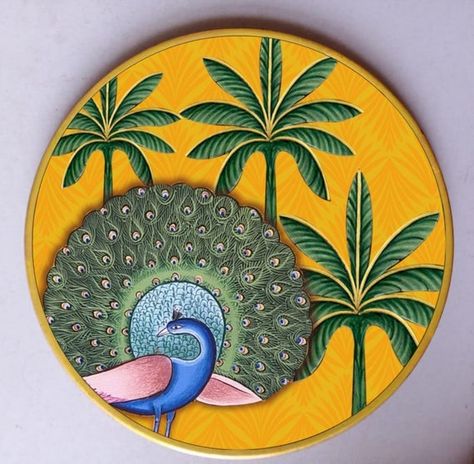 Plate Hanging, Painted Peacock, Cow Artwork, Circle Canvas, Pichwai Paintings, Indian Folk Art, Madhubani Painting, Painting Workshop, Hand Painted Plates