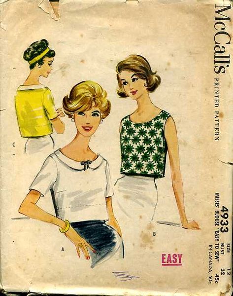 McCall's 4933 ©1959 tuck-in blouse with look of short overblouse 50s Patterns, Crop Top Sewing Pattern, Mccalls Patterns Vintage, 1950s Sewing Patterns, Accessories Sewing, Classic Blouses, Vogue Sewing, Vintage Crop Tops, Pattern Collection