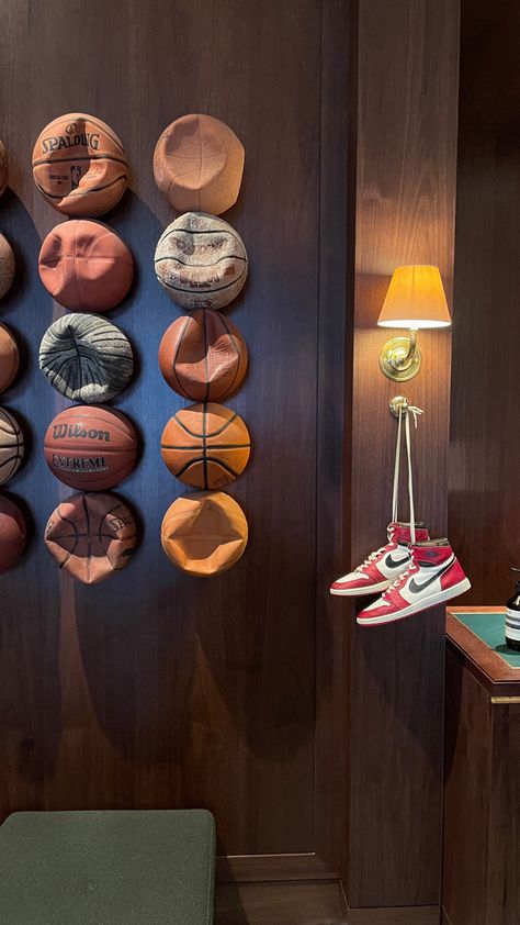 Basketball Office, Nba Room, Basketball Apartment Decor, Vintage Basketball Aesthetic Room, Vintage Basketball Aesthetic, Basketball Living Room, Basketball Boys Room Pottery Barn Teen, Vintage Sports Decor, Basketball Room