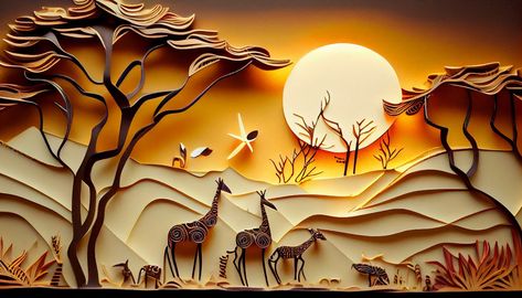 Serengueti landscape paper quilling made in ai Quilling Scenery Paper Art, Quilling Landscape Art, Quilling Landscape, 3d Wallpaper Landscape, Scenery Images, Grass Clipart, Digital Frames, Cut Paper Illustration, Arte Quilling