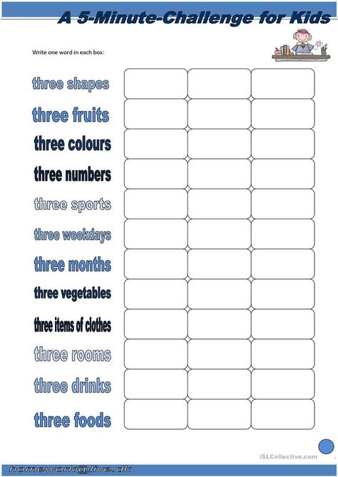 5 Minute Challenge for Kids - English ESL Worksheets for distance learning and physical classrooms Year 6 Activities, Give Me 5 Things Game, Year 6 Worksheets Free Printable, 5 Minute Activity Worksheet, Year 5 Worksheets, 5 Minute Activity, Teachers Worksheets, Icebreakers For Kids, Basic Vocabulary