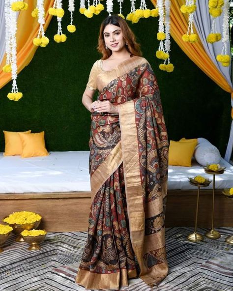 Bangalore Silk Saree, Pen Kalamkari Sarees, Kanchi Pattu Sarees, Kalamkari Sarees, Saree Blouse Styles, Tussar Silk Sarees, Kalamkari Saree, Casual Saree, Saree Trends