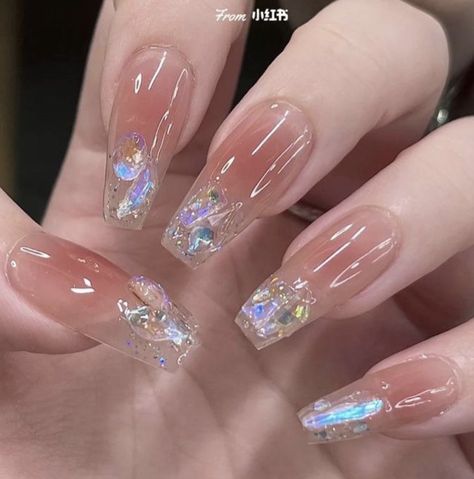 Broken Glass Nail Design, Korean Ice Nails, Korean Glossy Nails, Jelly Nail Extensions, Douyin Nails Coffin, Korean Square Nails, Clear Glass Nail Designs, Square Jelly Nails, Chinese Jelly Nails