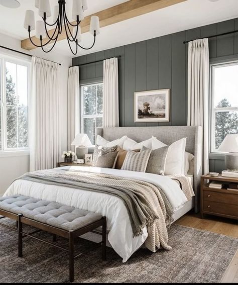 Guest Bedroom Ideas White Bed, Bedroom Ideas With Two Windows, Bedroom Accent Wall Between Windows, Blue Green Accent Wall Bedroom, Bedroom Inspirations Black Bed, Windows On Both Sides Of Bed, Whole Wall Headboard, Small Primary Bedroom Design, Decorate Above Bed Master