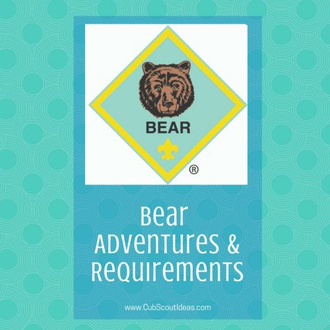 Find out about the Cub Scout Bear adventures. Check out the ideas and activities to fulfill the requirements. #CubScouts #CubScout #Scouting Cub Scout Bear Requirements, Cub Scout Law, Cub Scout Skits, Cub Scout Patches, Cub Scout Popcorn, Cub Scout Games, Cub Scout Uniform, Cub Scouts Wolf, Cub Scouts Bear