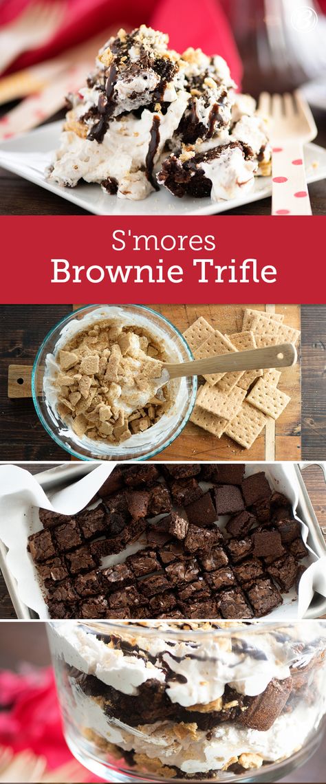 Skip the campfire and make s’mores indoors with this easy-to-assemble trifle! Smores Trifle, Brownie Trifle, Trifle Dish, Trifle Desserts, Layered Desserts, Trifle Recipe, Cooking For Beginners, Potato Pie, S'mores