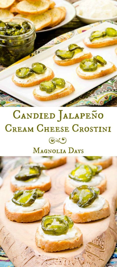 Candied Jalapeño Cream Cheese Crostini is a fantastic appetizer for your next party. It's crunchy, creamy, hot, sweet, and totally tasty. Cream Cheese Crostini, Ufc Party, Crostini Station, Horderves Appetizers, Cheese Crostini, Candied Jalapenos, Crostini Appetizers, Cocktail Appetizers, Jalapeno Recipes