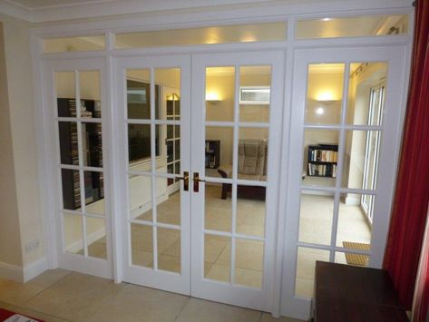 Edwardian glazed room divider. Bespoke and painted white Room Divider French Doors, Internal French Doors Room Dividers, Partition Doors Room Dividers, Edwardian Room, Dining Divider, Home Office French Doors, Divided Living Room, Office Sunroom, Laundry Door