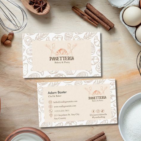 Elegant Beige and Brown Illustrated Bakery Pastry Business Card, Thank You Card For Bakery Business, Business Card Bakery, Elegant Pastry, Business Card Design For Bakery, Bakery Buissnes Card, Food Business Card, Bakery Pastry, Bakery Business Cards