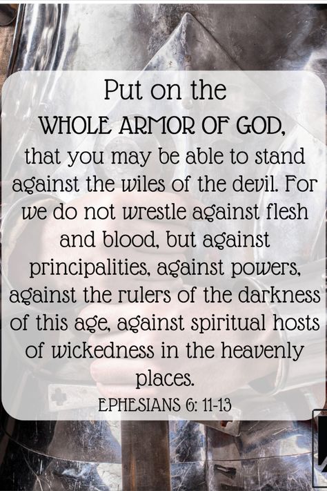 🛡️ 'Put on the full armor of God.' Ephesians 6:11 reminds us that we're equipped with spiritual armor to face life's battles. Each piece - truth, righteousness, faith, salvation, Word of God, prayer - empowers us to stand strong. Let's armor up daily, finding strength and protection in Him. #ArmorOfGod #SpiritualWarfare How To Pray The Full Armor Of God, Armor Of God Prayer, Put On The Full Armor Of God Women, Gods Armor, Put On The Whole Armor Of God, Full Armor Of God Prayer, Put On The Full Armor Of God, Ephesians 6:10 Armor Of God, Armor Of God Tattoo