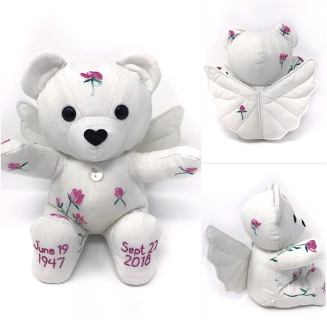 This gorgeous small memorial angel bear features custom date embroidery. It’s made from floral embroidered pajamas. Angel Teddy Bear, Memories Ideas, Embroidered Pajamas, Hospital Blankets, Keepsake Bear, Memory Bears, Angel Bear, Monkey Stuffed Animal, Memory Pillows